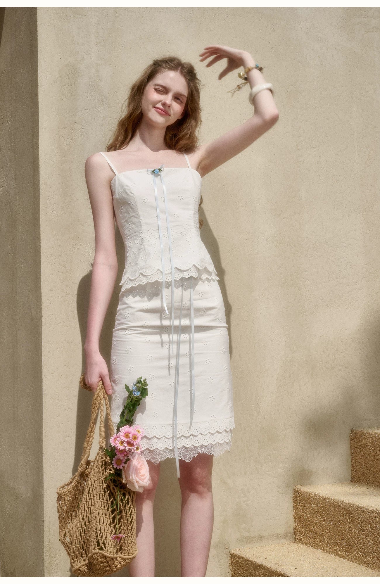 White Jasmine Embroidered Cotton Three-Piece Set