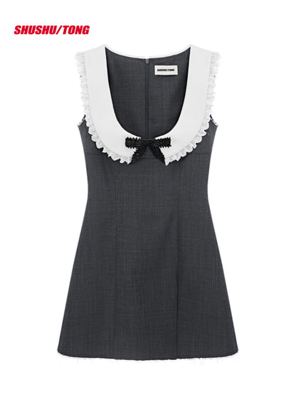 Grey &amp; Beige Round-neck Bow Mini Dress - CHINASQUAD