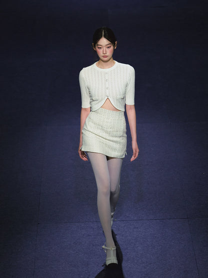 Woolen Knit Cardigan &amp; High-waisted Tweed Skirt Set - CHINASQUAD