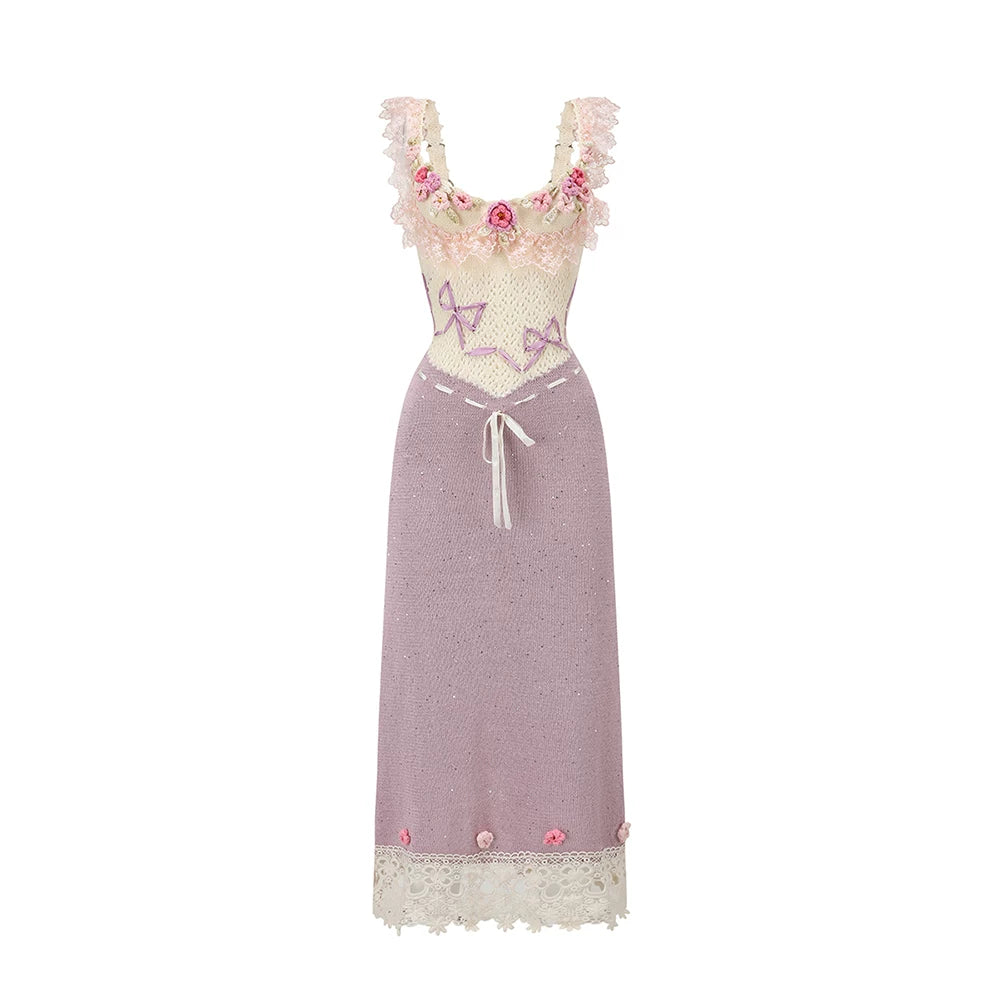 Vintage Crochet-Detail Purple Knit Slip Dress