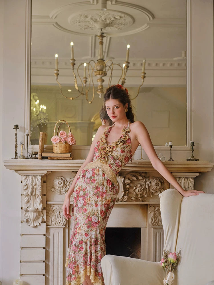 Flamenco Halter Mermaid Mesh Dress