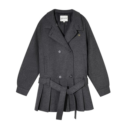 Pleated-Edge Down Wool-Blend Coat
