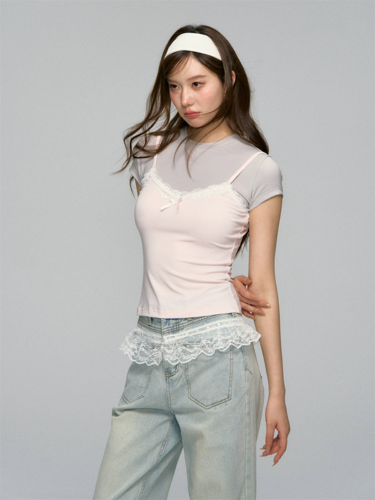 Fake Two Piece Lace Bow Short-Sleeve T-shirt
