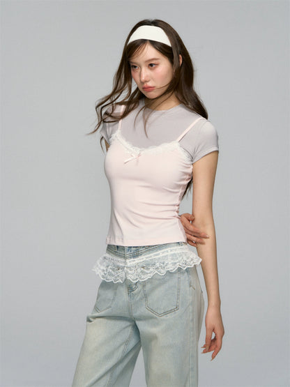 Fake Two Piece Lace Bow Short-Sleeve T-shirt