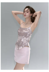 Pink Sparkling Irregular Design Spaghetti Strap Tank Top - CHINASQUAD