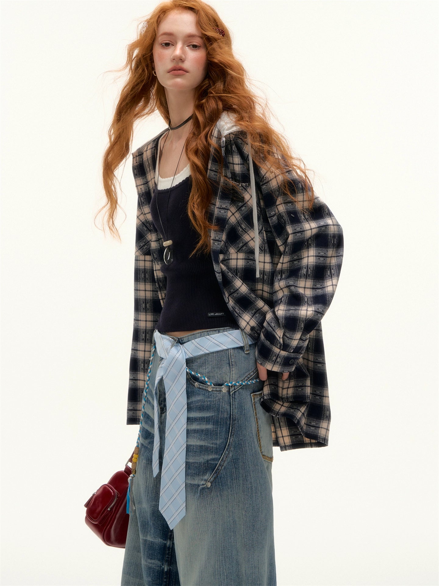 Vintage Plaid Contrast Hooded Shirt