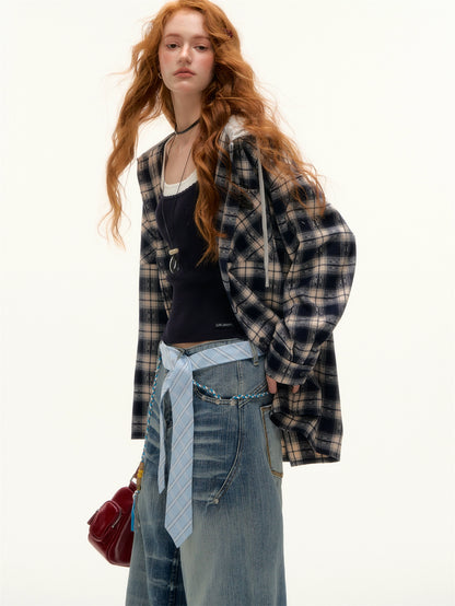 Vintage Plaid Contrast Hooded Shirt