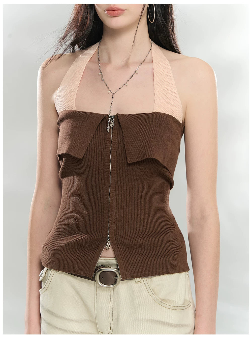 Contrast Halter Zip-Up Knit Tank Top
