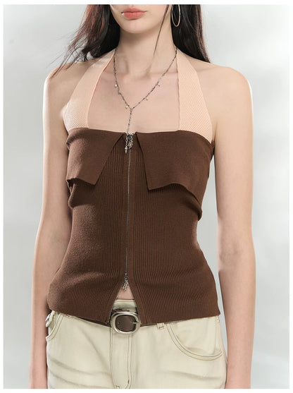 Contrast Halter Zip-Up Knit Tank Top
