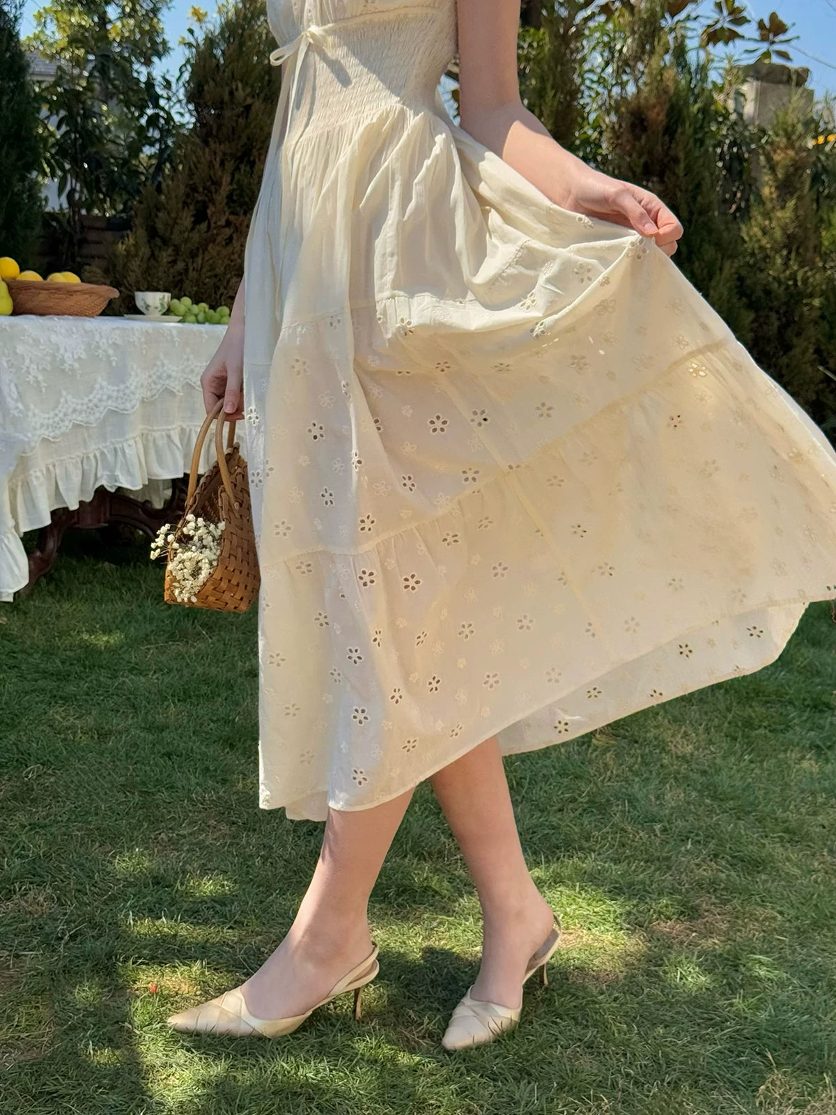 White Pastoral First-Love Cinched-Waist Dress