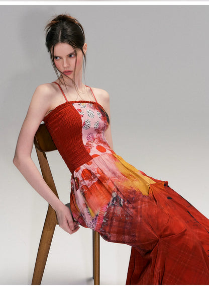 Vintage Red Strapless Printed Maxi Dress