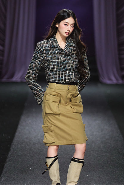 Khaki Utility Pocket Structured Midi Skirt