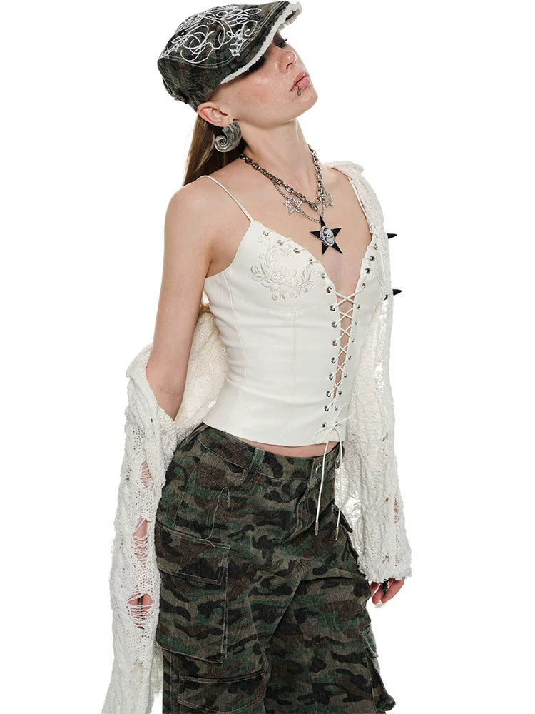 Black &amp; White Hollow-out Lace-up Camisole