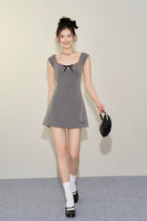 Grey Bow Tie U-neck Cinched Waist Dress - CHINASQUAD