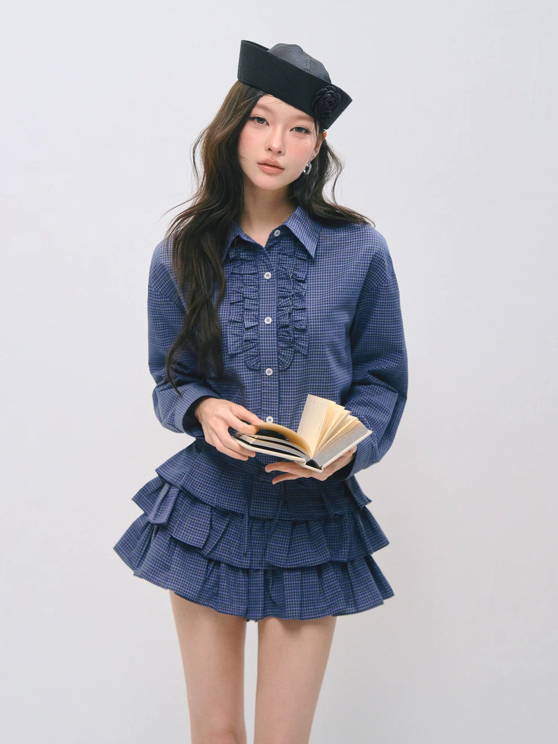 Vintage Check Ruffle Shirt &amp; Tiered Pleated Mini Skirt Set