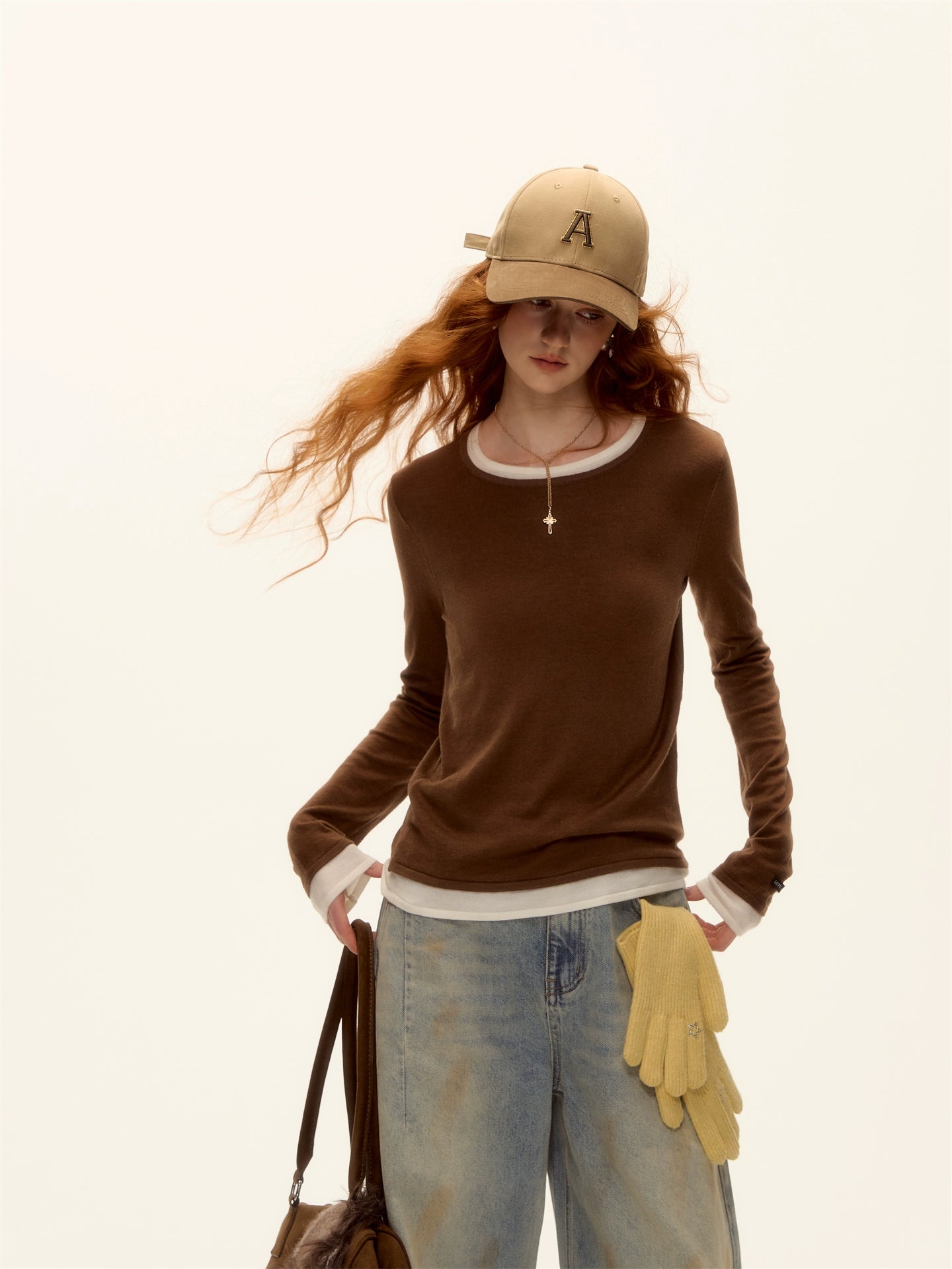 Layered-Effect Crew Neck Fitted Knit T-Shirt