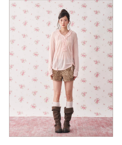 Ruffle Drawstring Sheer Knit Sun-Protective Long Sleeve Top