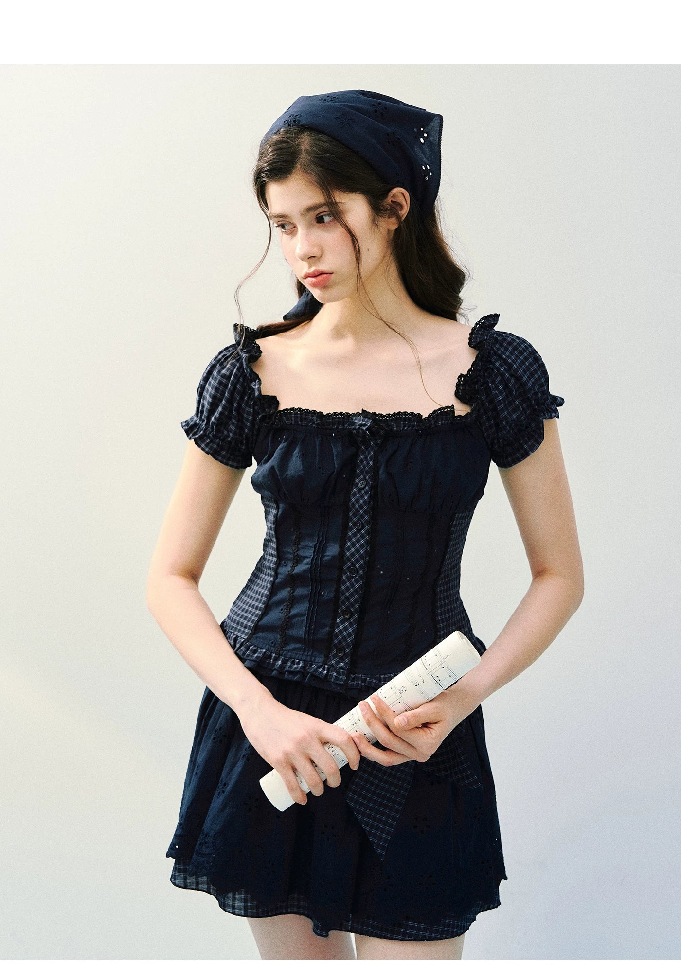Vintage Plaid Lace Ribbon Two-Piece Set