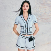 Knitted V-Neck Cardigan & Shorts Set - CHINASQUAD