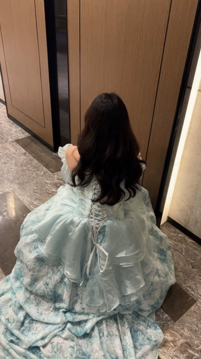 GULI Aqua Floral Tulle Gown with Ruffled Sleeves