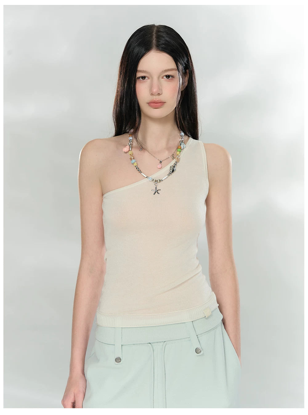 Asymmetric One-Shoulder Lyocell Blend Knit Tank Top