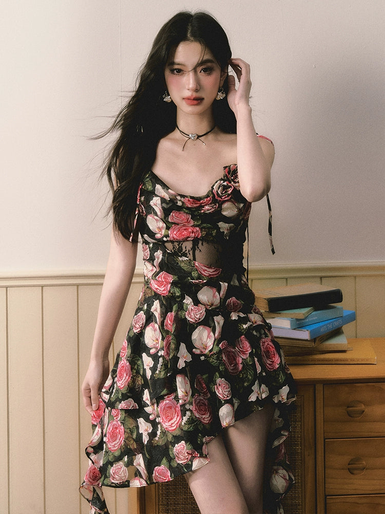 Black &amp; Pink Rose Floral Dress