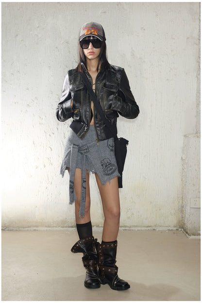 Distressed Cropped Biker Leather Jacket