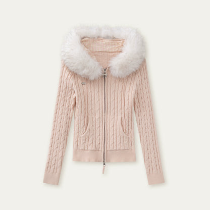 Detachable Fur Collar Blush Zip-up Knit Cardigan