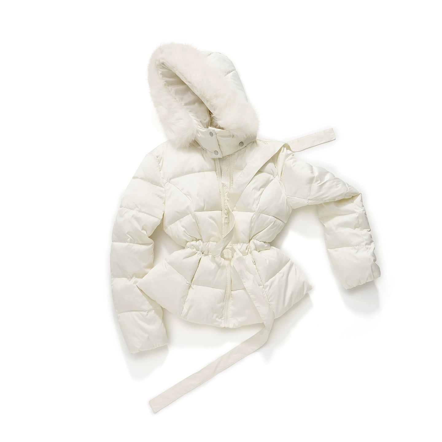 Two-Tone Belted Detachable Fur Hood Down Jacket
