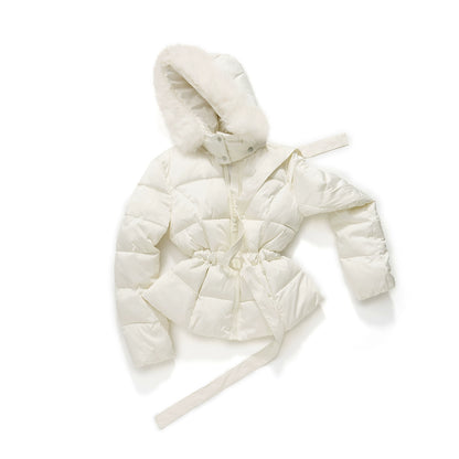 Two-Tone Belted Detachable Fur Hood Down Jacket