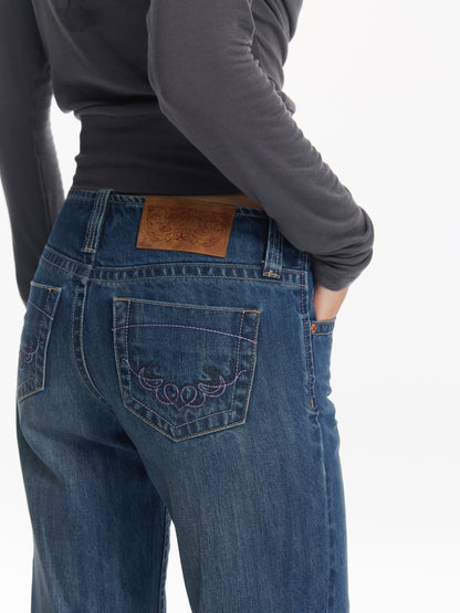 Washed Blue Embroidered Straight Jeans - CHINASQUAD