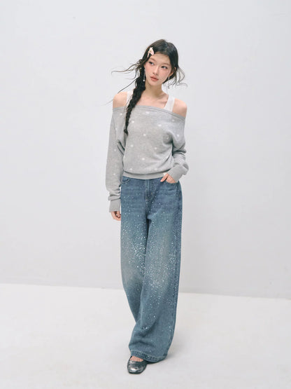 Off-Shoulder Polka Dot Layered Knit Sweater