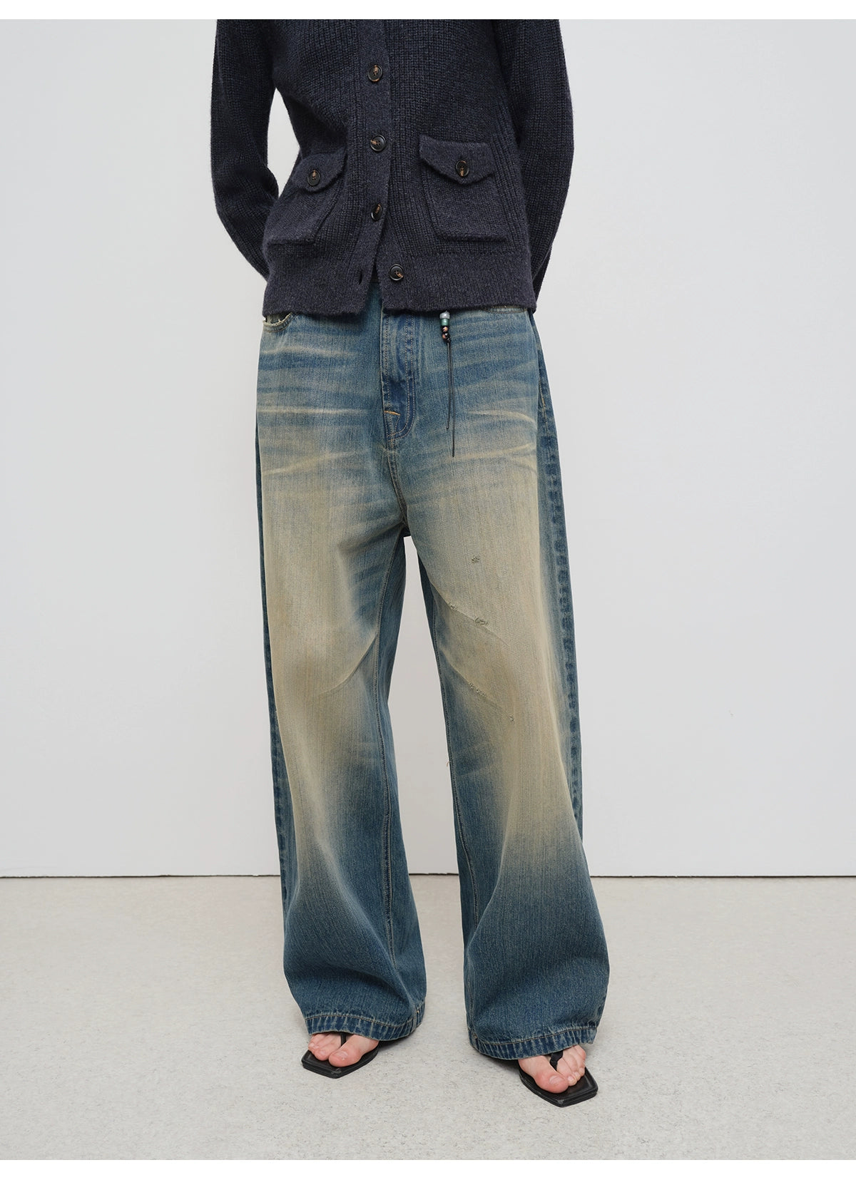 Vintage Tapered Wide-Leg Distressed Denim Pants