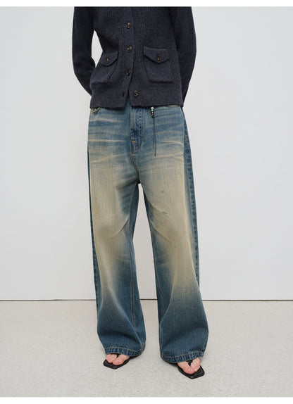 Vintage Tapered Wide-Leg Distressed Denim Pants