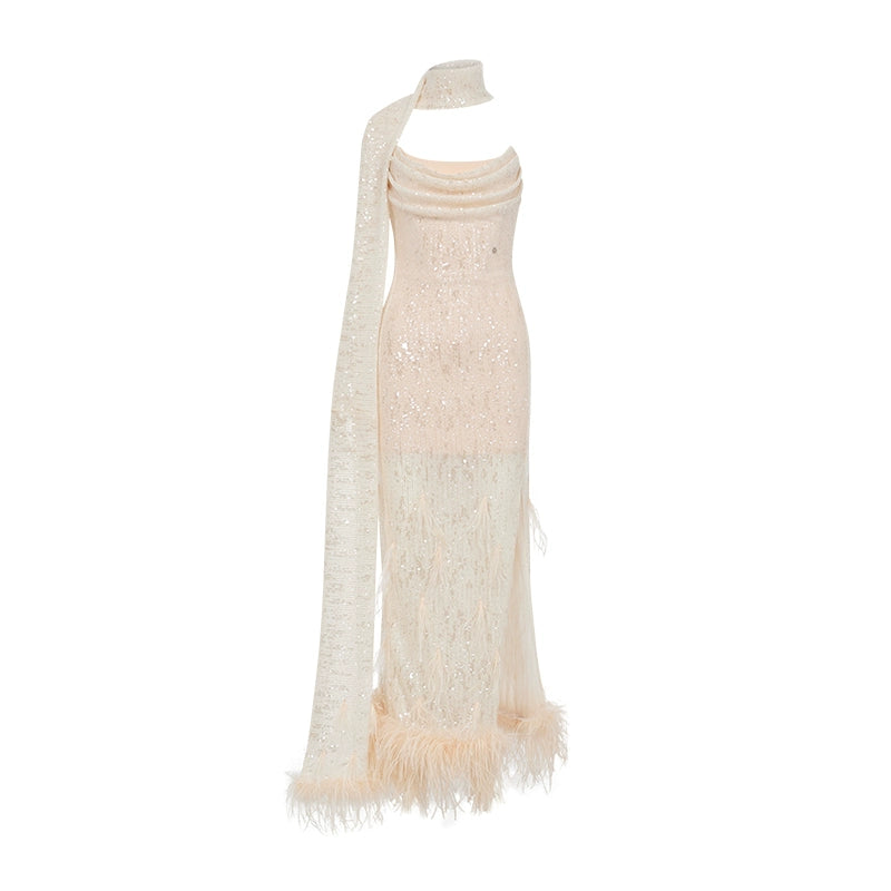 Diamond Sequin Feather Drape Tie Strapless Midi Dresse