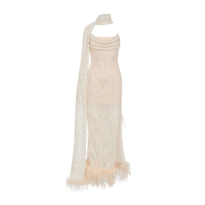 Diamond Sequin Feather Drape Tie Strapless Midi Dresse