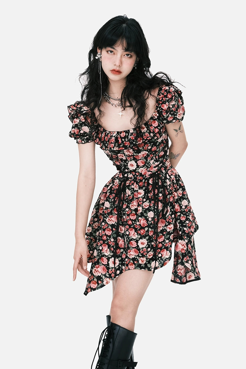 Sexy Waist-cinching Irregular Floral Dress