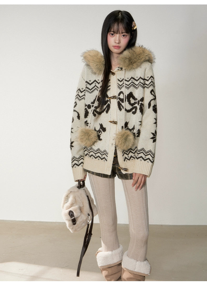 Fair Isle Fur Collar Toggle Buttons Knit Coat