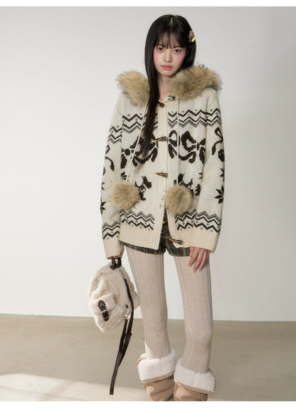 Fair Isle Fur Collar Toggle Buttons Knit Coat