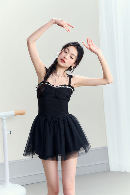 Black Ballet Vintage Slim Halter Puffy Mini Dress - CHINASQUAD