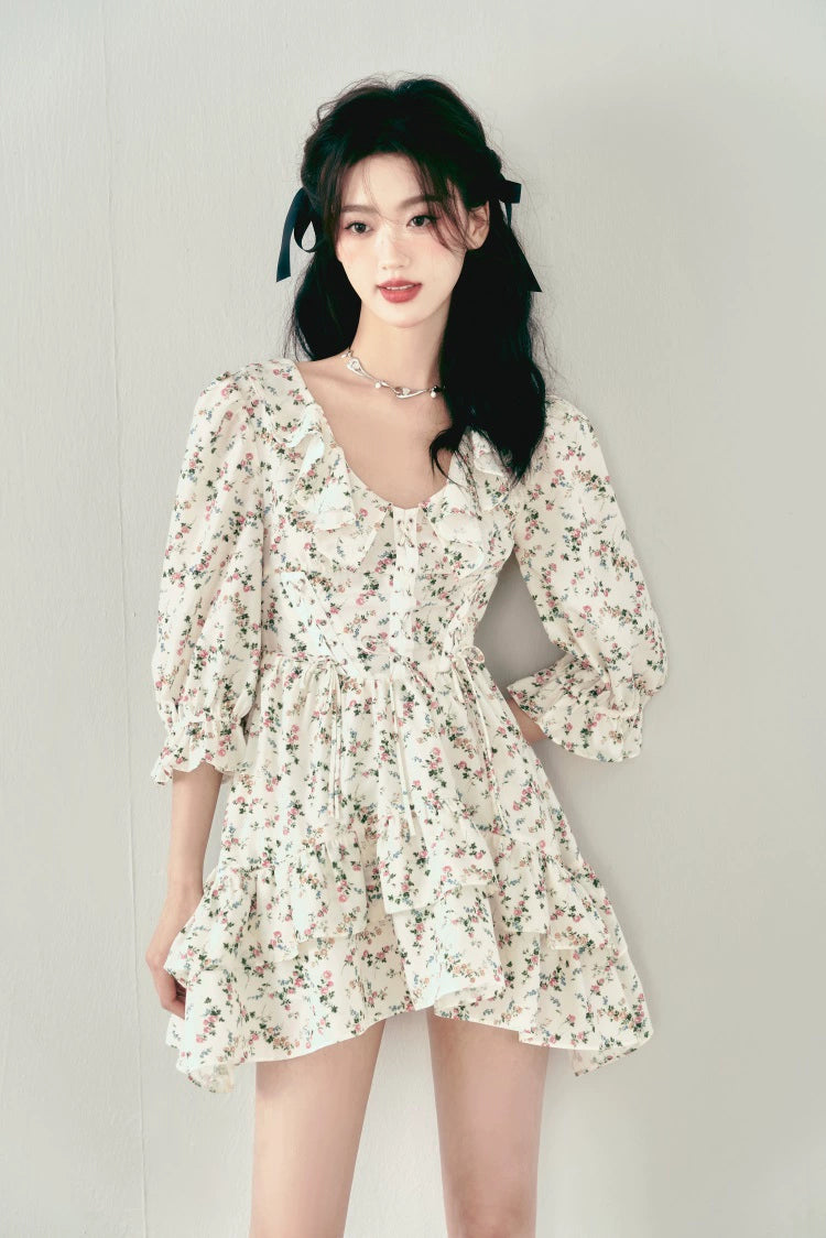 White Floral Lace Ruffled Dress