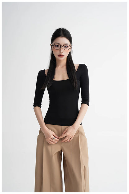 Lyocell Open-Back Fitted Mid-Sleeve T-Shirt