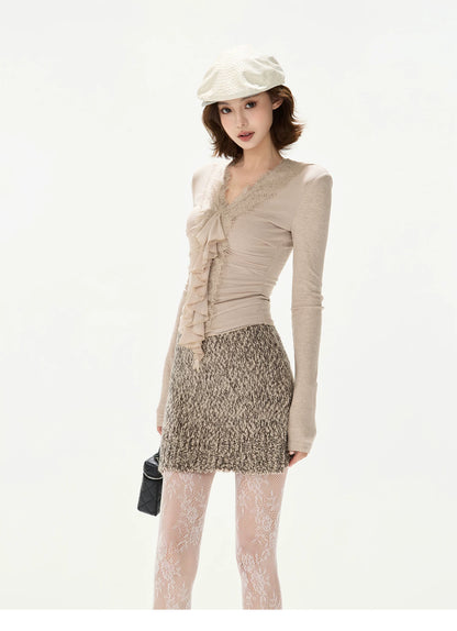 Elegant Lace Ruffle Knit V-Neck Top
