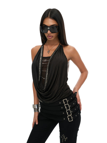 Black Draped Neck Mesh-Knit Halter Top