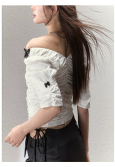 White V-Neck Bowtie Off-Shoulder Blouse - CHINASQUAD