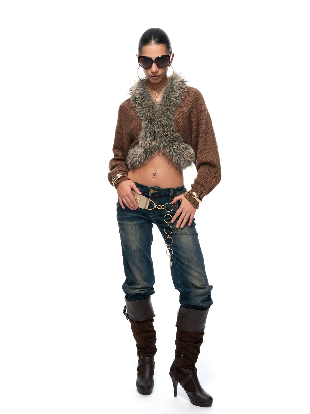 Faux-Fur Collar Cropped Knit Cardigan