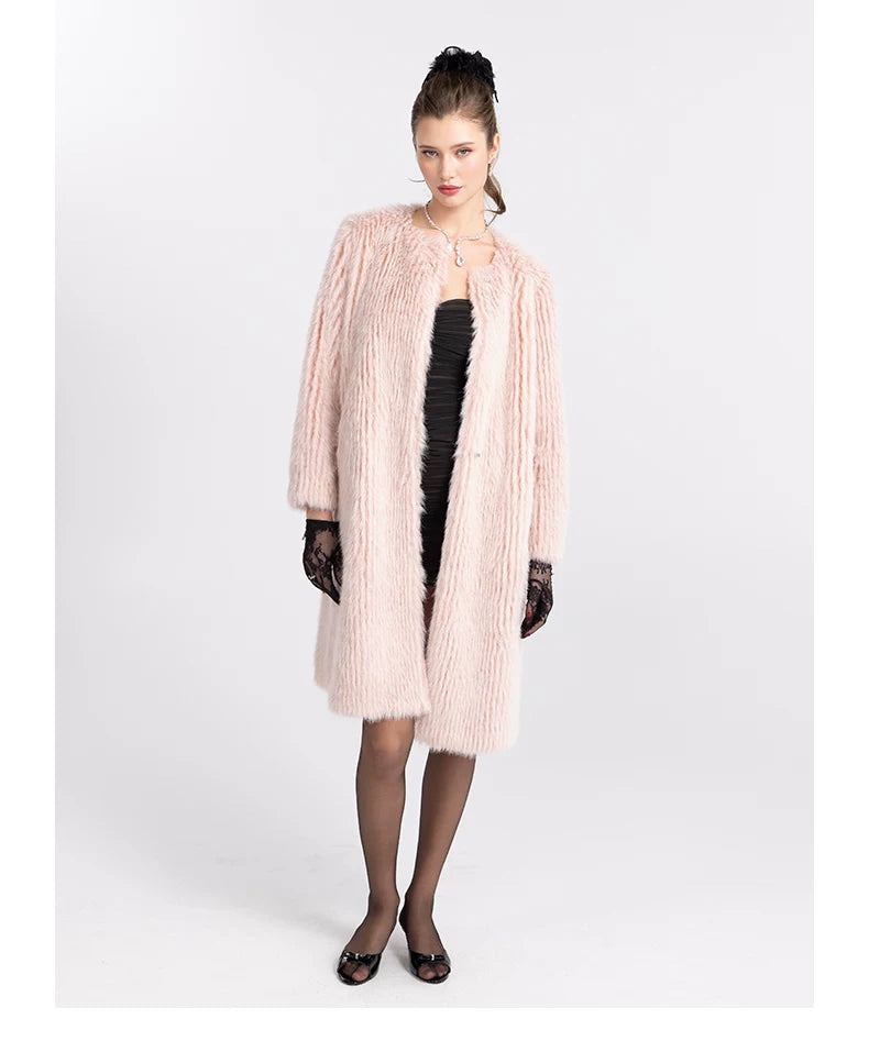 Round-Neck Eco-Faux Fur Long Coat