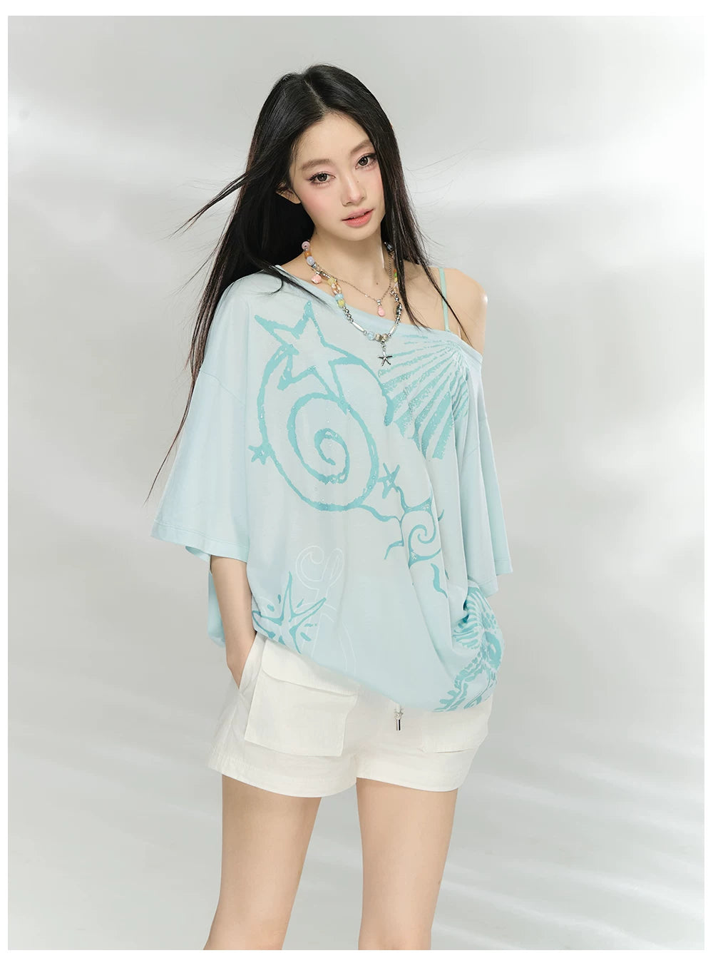 Ocean Print Asymmetric Oversized Modal T-Shirt