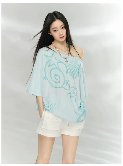 Ocean Print Asymmetric Oversized Modal T-Shirt