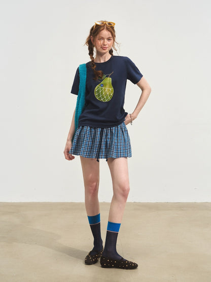 Blue Checkered Ruffled Pleated Skirt